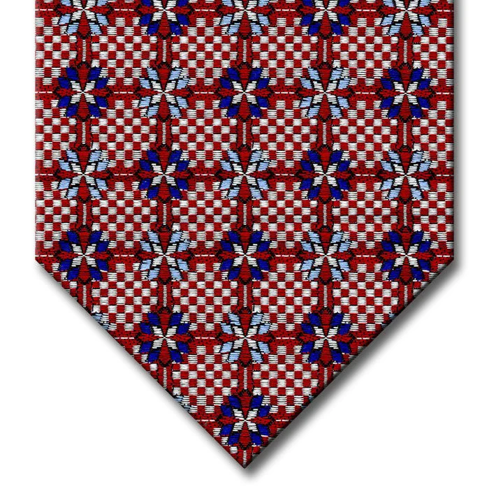 luxury silk necktie colors for weddings-Red and Silver with Navy and Light Blue Medallion Tie