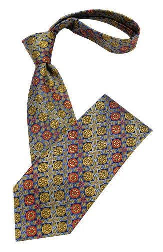 fashionable silk necktie sets for business wear-Red Blue and Yellow Medallion Tie