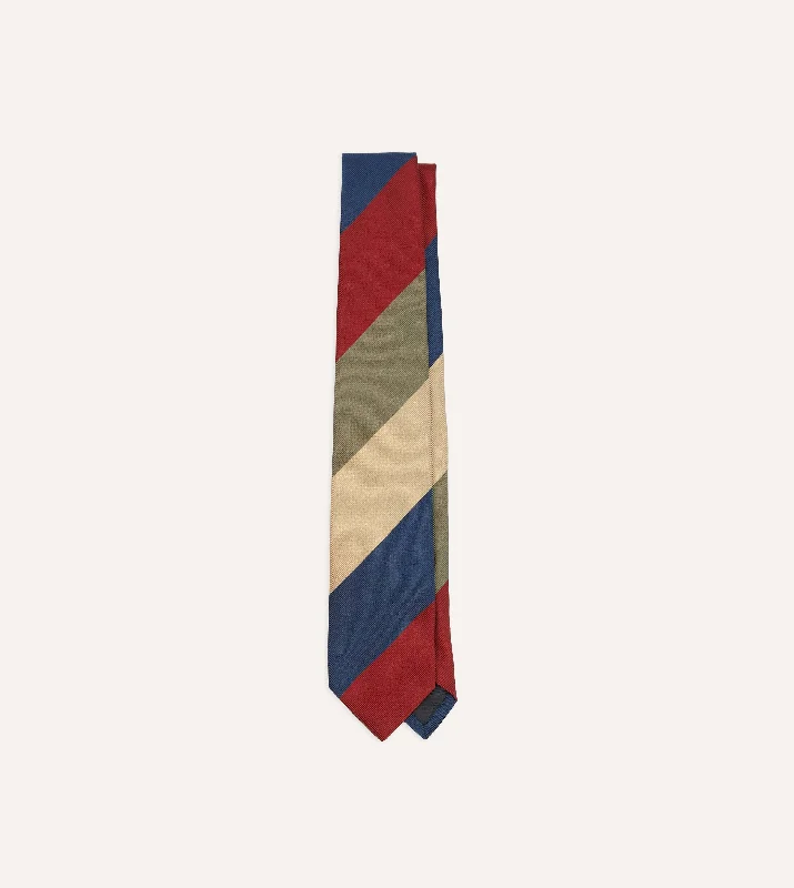 slim silk necktie designs for formal events-Red, Green and Navy Wide Stripe Repp Silk Cotton Tipped Tie