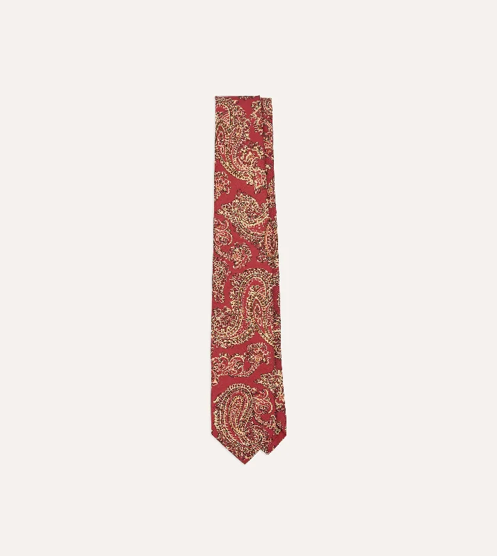 trendy office silk necktie options-Red Paisley Print Silk Self Tipped Tie