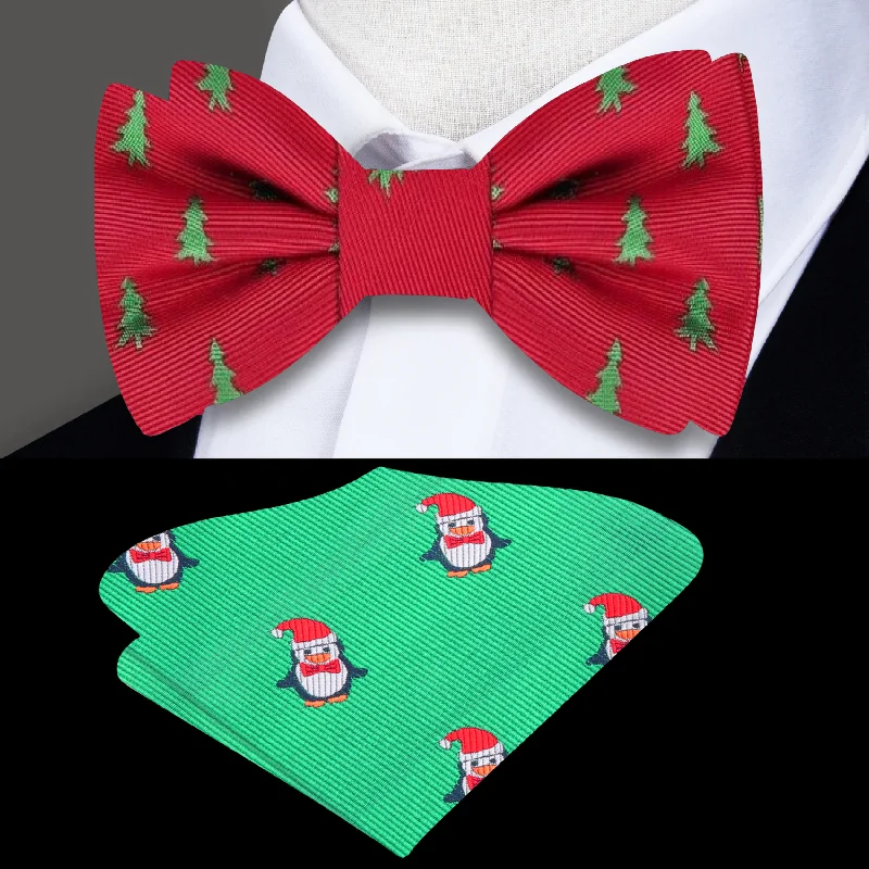 silk necktie designs for office events-Red Silk with Green Christmas Tree Bow Tie