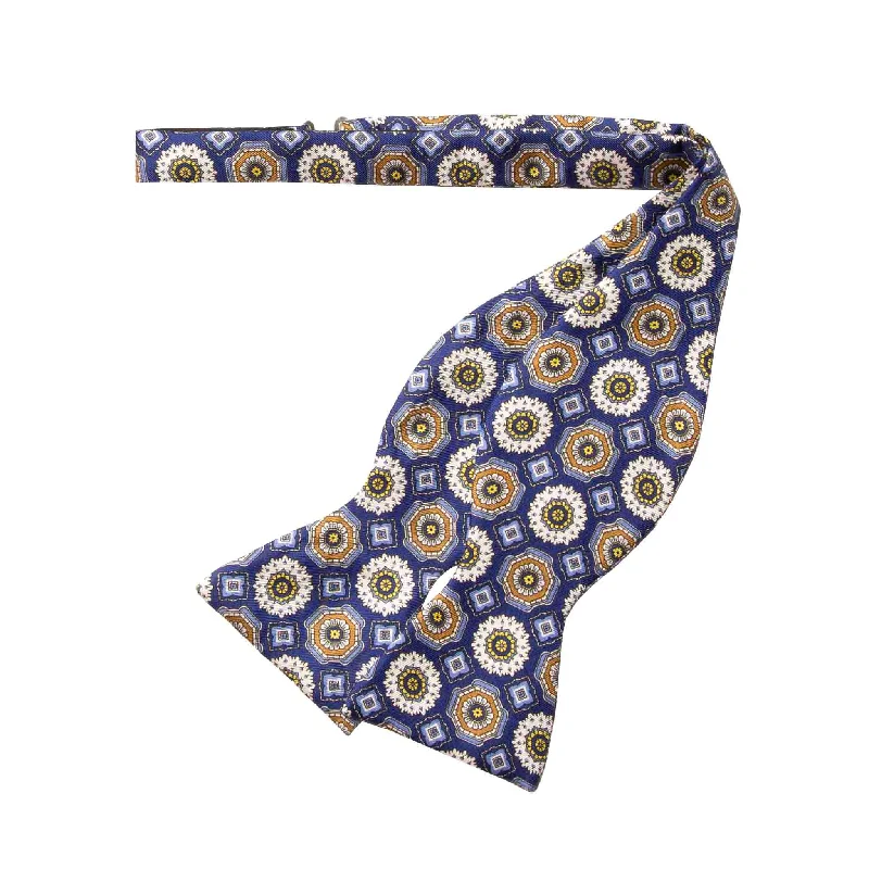 modern silk necktie combinations for office wear-Royal Blue Silk Bow Tie with Medallions Self-Tie