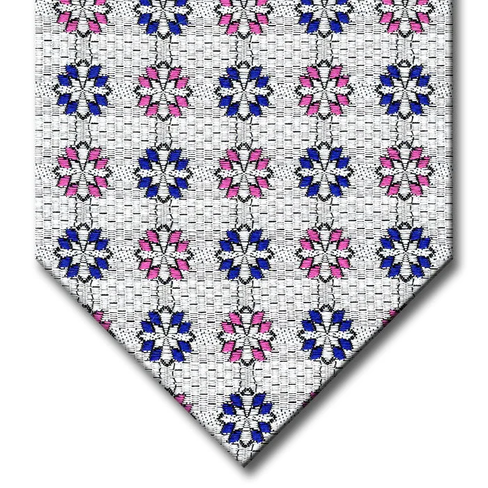 slim silk necktie combinations for office wear-Silver with Navy and Pink Medallion Tie