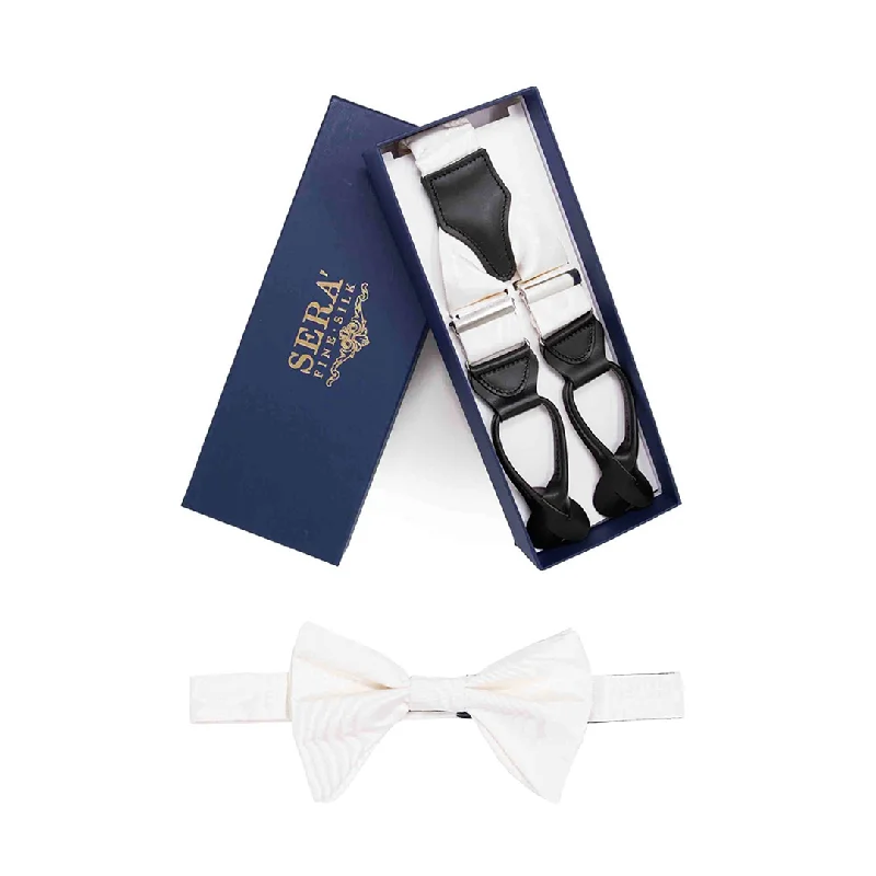 elegant necktie sets for business events-White Moiré Suspender & Bow Tie Set