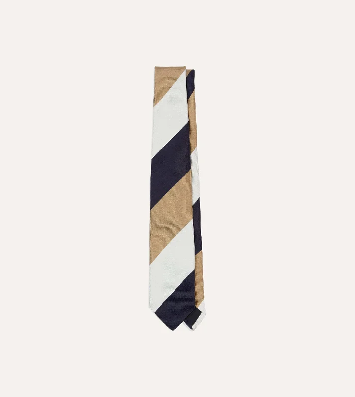 affordable silk necktie combinations for men-White, Navy and Brown Wide Stripe Repp Silk Tipped Tie