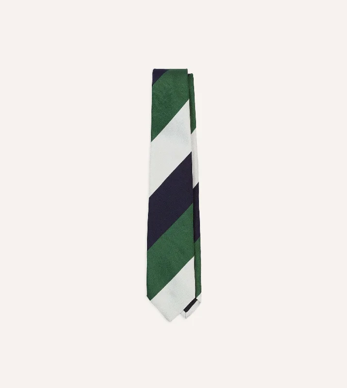 luxurious silk necktie sets for weddings-White, Navy and Green Wide Stripe Repp Silk Tipped Tie