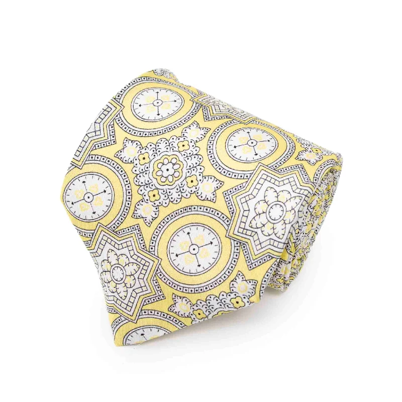 high-quality silk necktie sets for men-Yellow and White Big Medallions Silk Tie