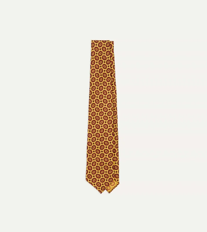 stylish business silk tie designs-Yellow Flower Print 40oz Madder Silk Hand Rolled Tie