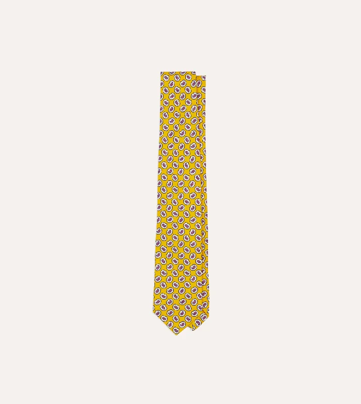 vibrant silk necktie sets for office wear-Yellow Small Paisley Leaf Print Silk Self Tipped Tie