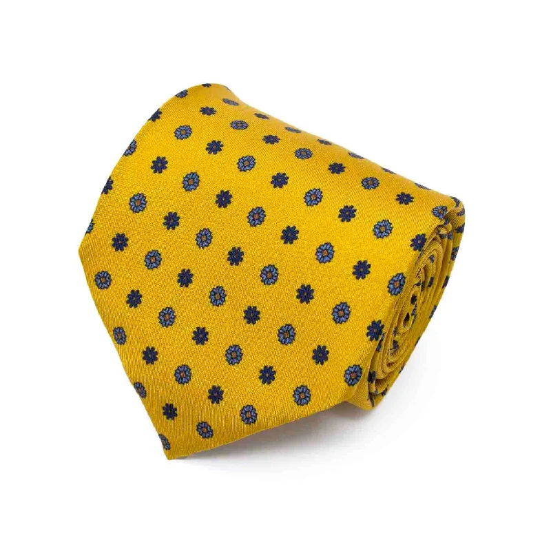 trendy wedding necktie colors for men-Gold Yellow with Navy Small Flowers Silk Tie