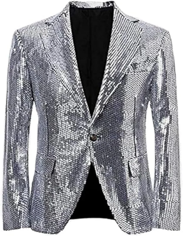 Men's charcoal tuxedo for office event -Glitter Tuxedo Dinner Jacket - Sequin Blazer - Sliver Flashy Stage Sport Coat By Alberto Nardoni