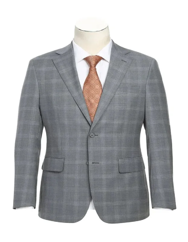 Men's wool tuxedo for formal business event -Light Grey Suit - Silver Gray Suit For Wedding - Mens Designer Two Button Slim fit Light Grey Windowpane Suit