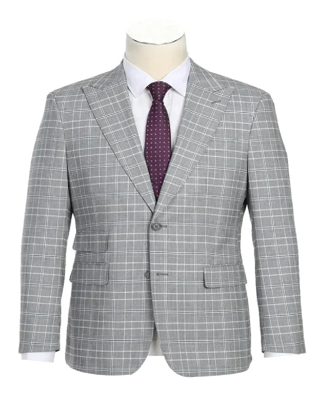 Men's tailored tuxedo for dinner gala -Light Grey Suit - Silver Gray Suit For Wedding - Mens Designer Two Button Slim Fit Peak lapel Smoke Windowpane Plaid Suit