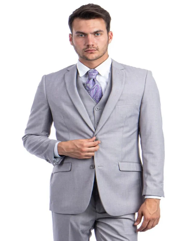 Men's designer grey tuxedo jacket for wedding -Light Grey Suit - Silver Gray Suit For Wedding - Men's two Button Basic Hybrid Fit Light Grey Vested Suit