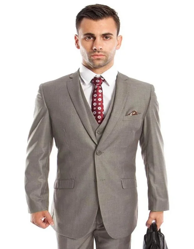 Men's formal tuxedo with satin collar for wedding -Light Grey Suit - Silver Gray Suit For Wedding - Men's Two Button Slim Fit Basic Vested Grey Wedding Suit