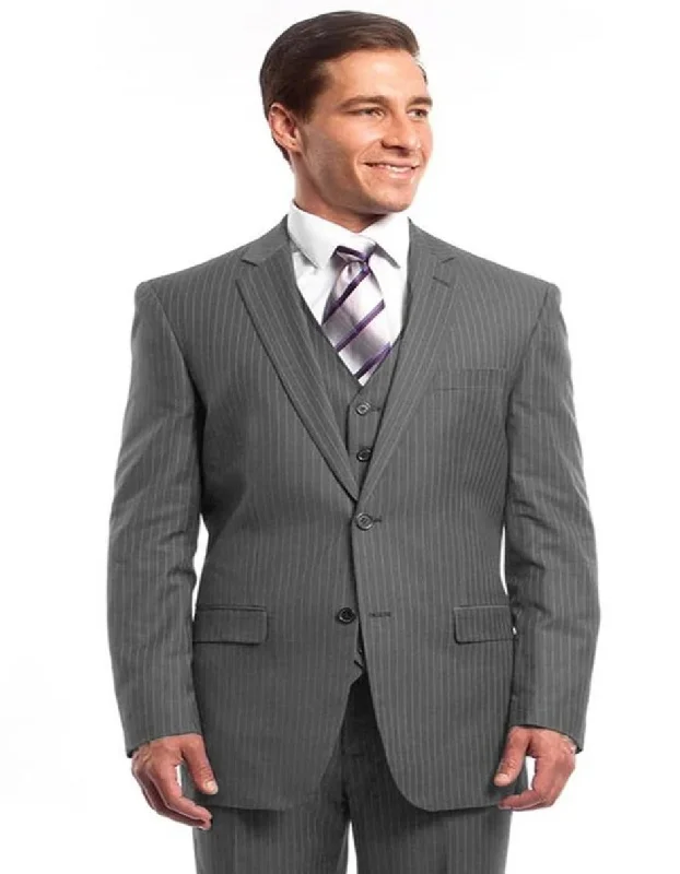 Men's slim fit tuxedo for wedding guests -Light Grey Suit - Silver Gray Suit For Wedding - Men's Two Button Vested Business Light Grey Pinstripe Suit