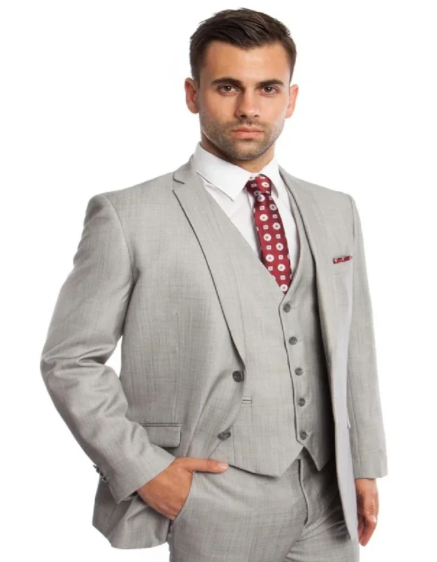 Men's slim fit wool tuxedo jacket with satin lapels -Light Grey Suit - Silver Gray Suit For Wedding - Men's Two Button Vested Business Light Grey Sharkskin Suit