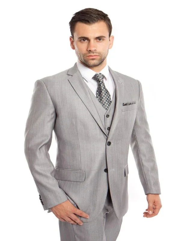 Men's premium navy tuxedo jacket for wedding -Light Grey Suit - Silver Gray Suit For Wedding - Men's Two Button Vested Textured Sharkskin Light Grey Business Suit