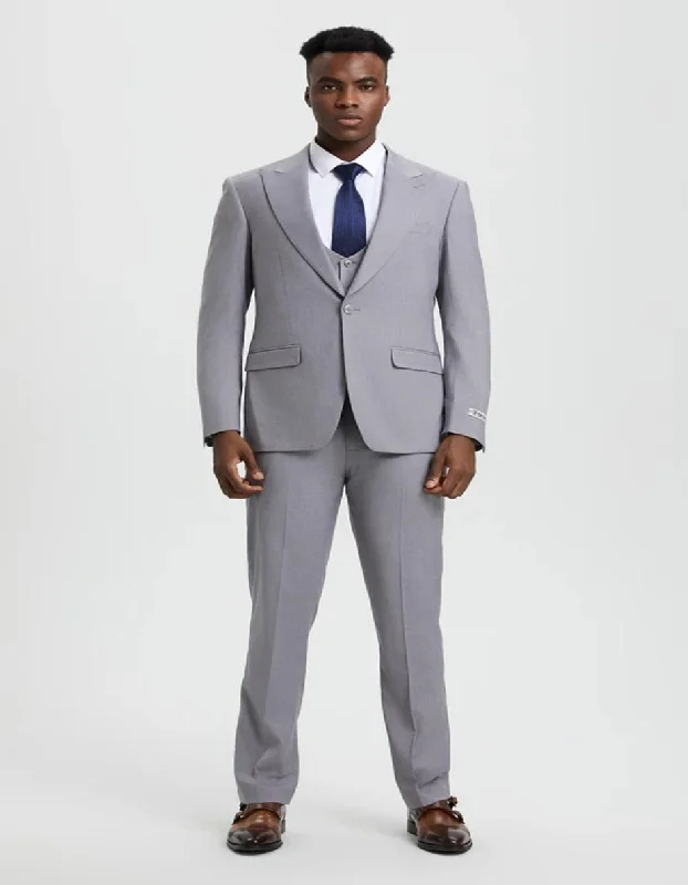 Men's designer black tuxedo for dinner event -Light Grey Suit - Silver Gray Suit For Wedding - Men's Vested One Button Peak Lapel Stacy Adams Light Grey Designer Suit