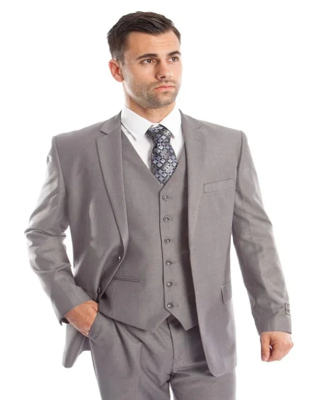 Men's tailored tuxedo for business networking -Light Grey Suit - Silver Gray Suit For Wedding - Men's Vested Two Button Solid Color Light Grey Business Suit