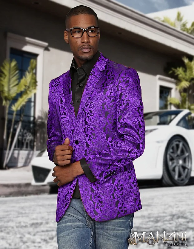 Men's business tuxedo for special occasions -Mens Black & Purple Paisley Party Blazer