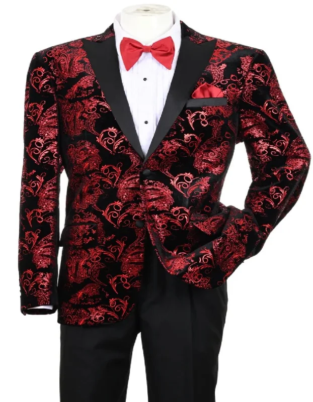 Men's slim fit tuxedo for black tie gala -Men's Modern Fit Velvet Floral Paisley Foil Red and Black Jacket Tuxedo