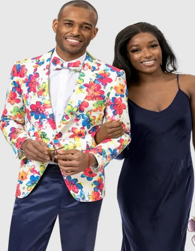 Men's designer tuxedo with satin lapel -Mens One Button Bright Party Floral Blazer