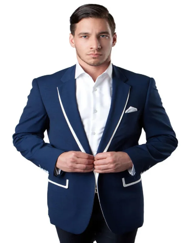 Men's black tuxedo jacket for dinner party -Men's One Button Dark Blue With White Trim Summer Blazer