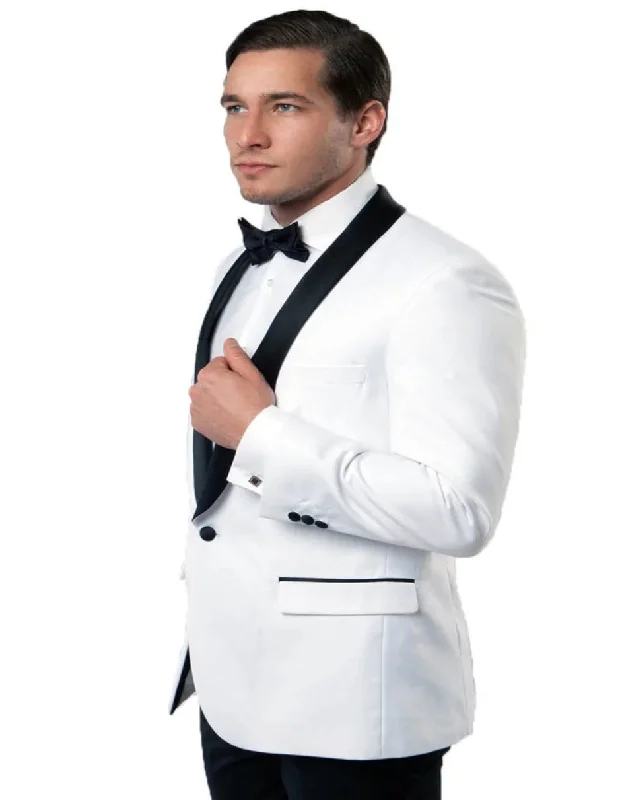 Men's designer wedding tuxedo with satin finish -Men's One Button Shawl Lapel White and Black Dinner Modern Fit Jacket