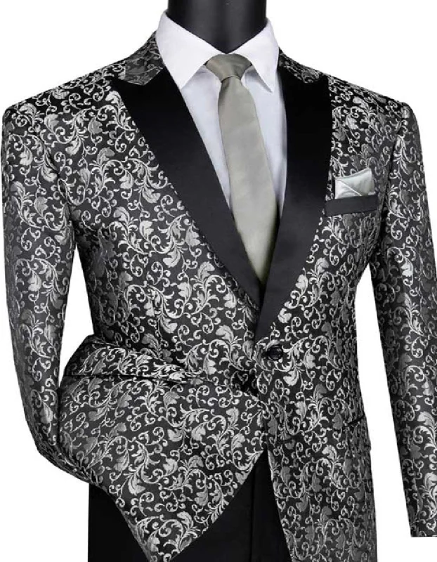 Men's formal tuxedo jacket for wedding -Mens Paisley Embroidered Regular Fit Silver Grey Sport Coat