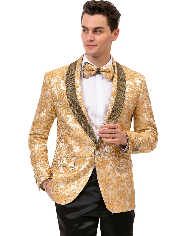 Men's navy tuxedo jacket with satin lapels -Mens Paisley Jeweled Shawl  Prom Tuxedo Blazer in Gold