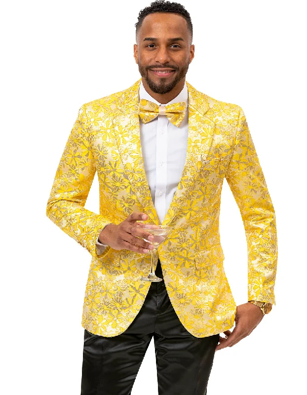 Men's wool tuxedo for evening formal event -Mens Paisley Notch  Prom Tuxedo Blazer in Yellow Gold