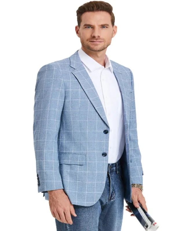 Men's classic blue wool tuxedo for business -Men's Slim Fit Business Casual Summer Light Blue Windowpane Plaid Blazer