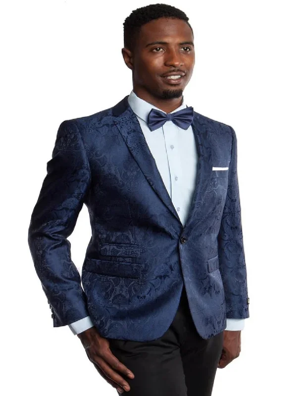 Men's slim fit formal tuxedo for wedding -Men's Slim Fit Two Button Navy Paisley Blazer