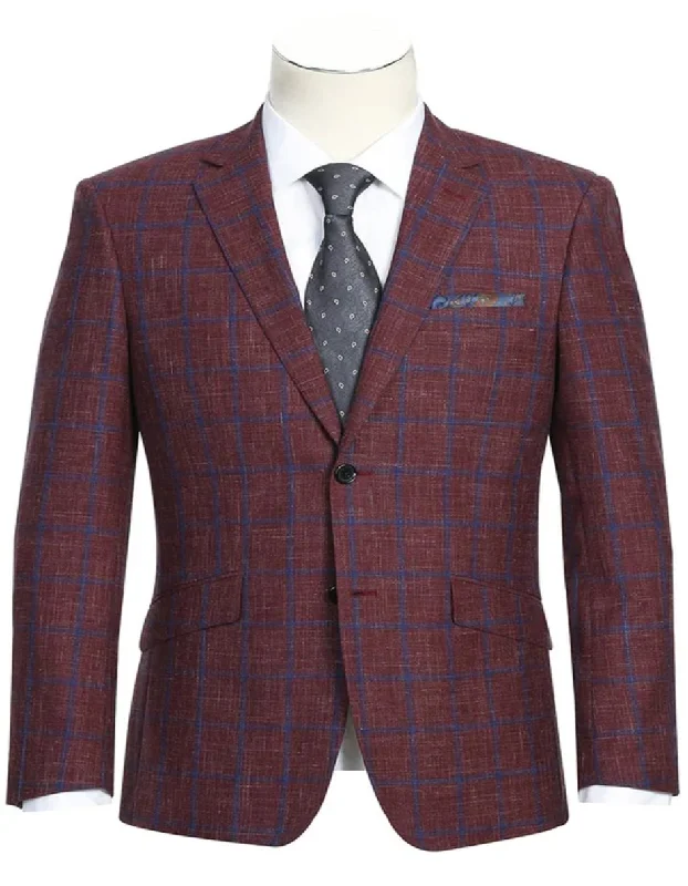 Men's tailored tuxedo for formal wedding -Mens Slim Fit Two Button Wool Sport Coat Burgundy and Blue Windowpane Plaid Blazer