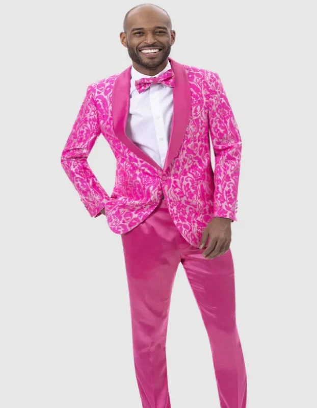 Men's classic navy tuxedo with satin finish -Mens Slim Fit Two Piece Brocade Paisely Prom Hot Pink Fuschia Tuxedo