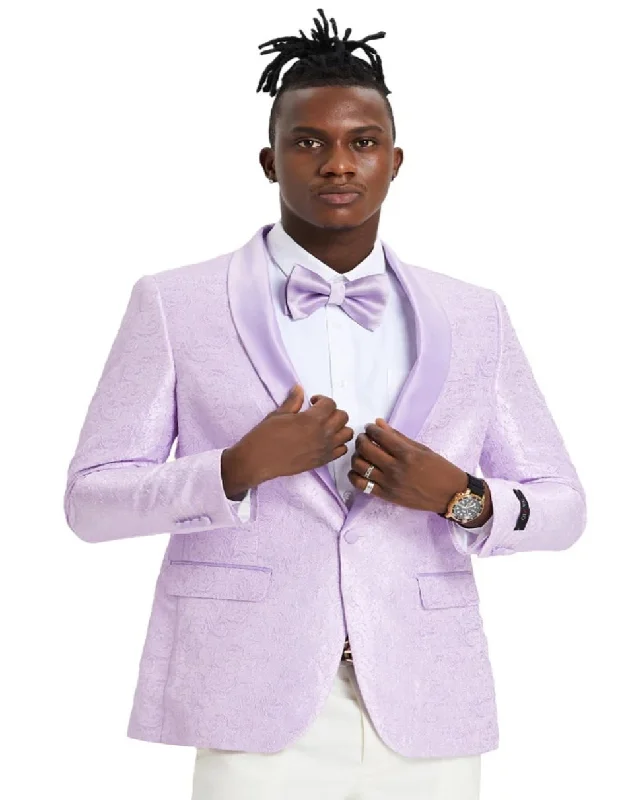 Men's slim fit tuxedo jacket for special events -Mens Slim Fit Wedding & Prom Tonal Paisley Lavender Tuxedo Jacket