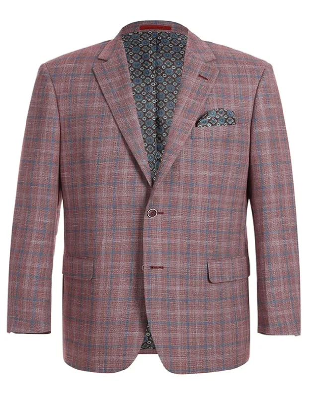 Men's business tuxedo for evening parties -Mens Two Button Classic Fit Sport Coat Burgundy Red Windowpane Plaid Blazer