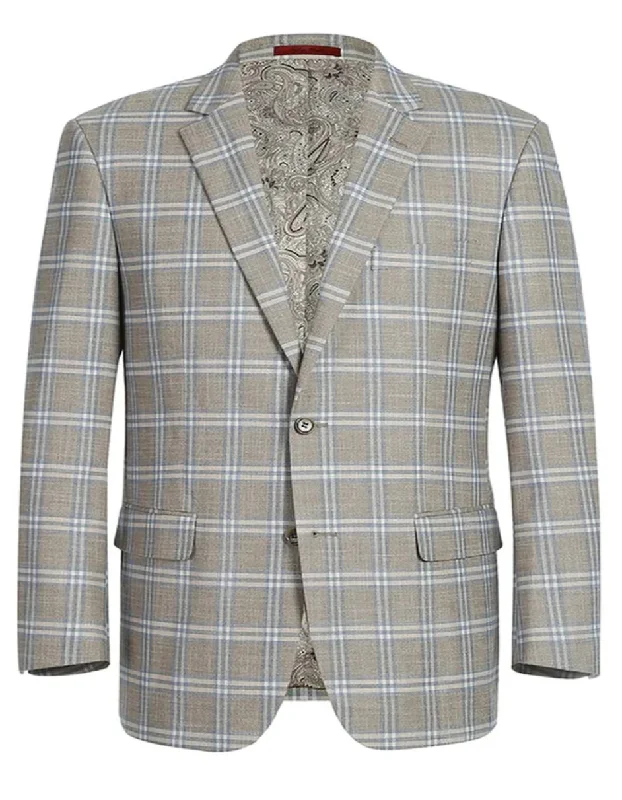 Men's designer tuxedo with satin collar -Mens Two Button Classic Fit Sport Coat Grey Tan Windowpane Plaid Blazer