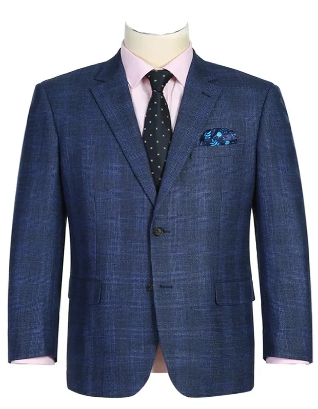 Men's modern tuxedo with satin collar -Mens Two Button Classic Fit Sport Coat Navy Blue Windowpane Plaid Blazer