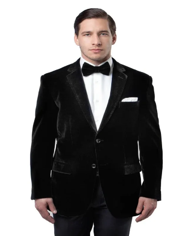 Men's premium wool tuxedo for wedding guests -Mens Two Button Classic Velvet Black Blazer