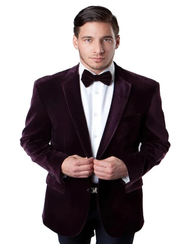 Men's business tuxedo jacket with satin collar -Men's Two Button Classic Velvet Burgundy Blazer