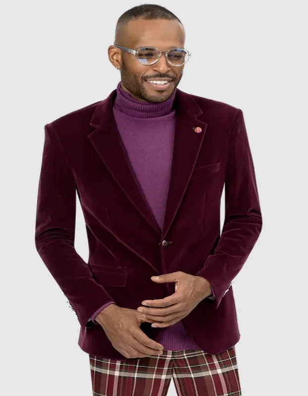 Men's slim fit tuxedo for formal reception -Mens Two Button Modern Fit Burgundy Velvet Blazer