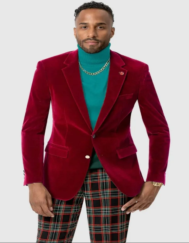 Men's tailored tuxedo for evening events -Mens Two Button Modern Fit Velvet Red Blazer