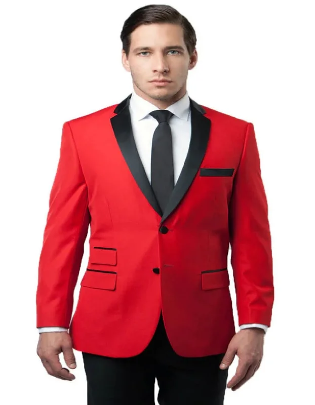 Men's high-end navy tuxedo for dinner events -Men's Two Button Notch Lapel Red and Black Tuxedo Jacket