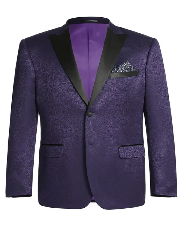 Men's classic tuxedo with satin finish for office -Mens Two Button Peak Lapel Paisley Prom Purple Tuxedo Blazer