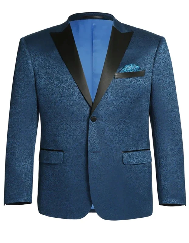 Men's wool tuxedo for formal evening events -Mens Two Button Peak Lapel Paisley Prom Teal Blue Tuxedo Blazer