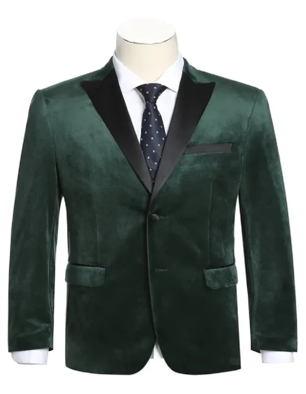 Men's formal tuxedo jacket for wedding events -Mens Two Button Peak Lapel Velvet Prom Hunter Green Blazer Tuxedo