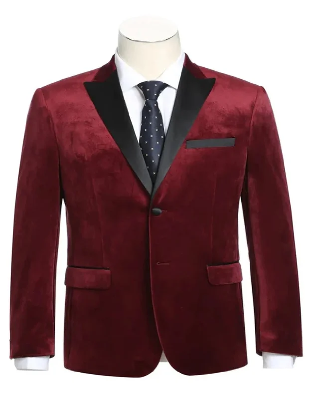 Men's business tuxedo rental for wedding -Mens Two Button Peak Lapel Velvet Prom Red Blazer Tuxedo