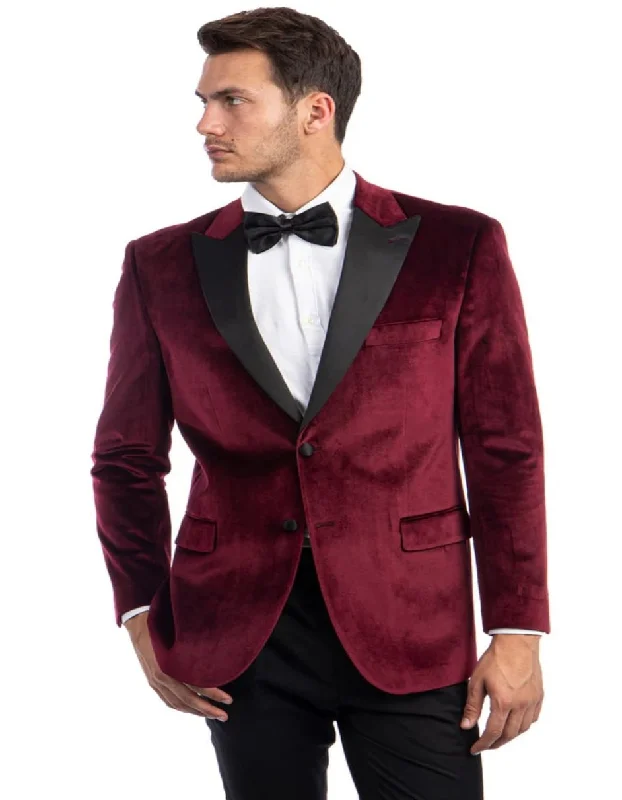 Men's navy tuxedo rental for special events -Mens Two Button Peak Lapel Velvet Wedding & Burgundy Prom Tuxedo Jacket